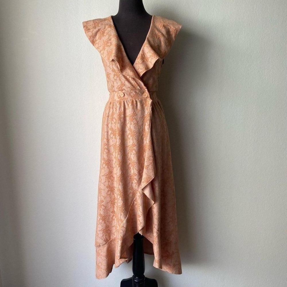 Zara Orange Lace Wrap‎ Midi Dress Ruffle Collar Button Waist Size S